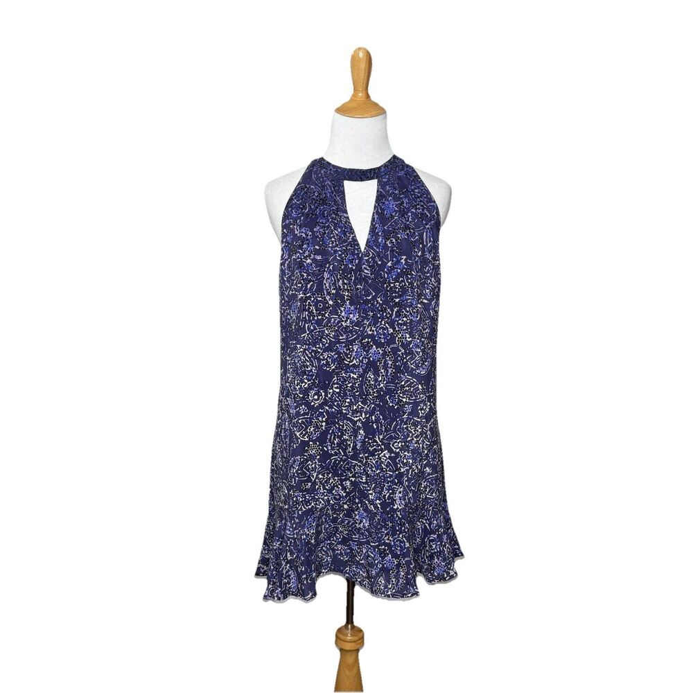 Greylin Purple Grey Black High Neck V  100 % Silk Key Hole Ruffle Dress Size XS